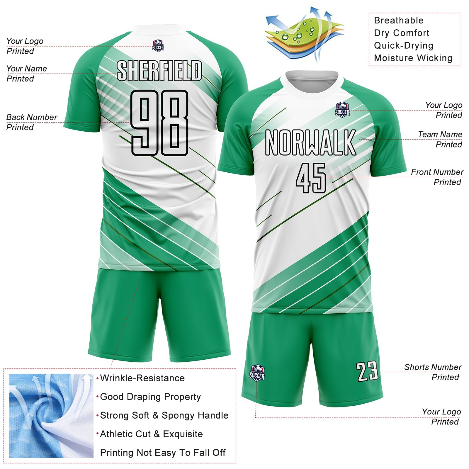 Custom Kelly Green White-Black Sublimation Soccer Uniform Jersey view 4