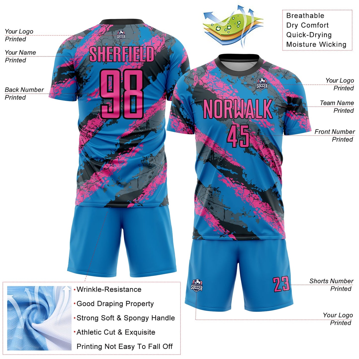 Custom Powder Blue Pink-White Sublimation Soccer Uniform Jersey view 4