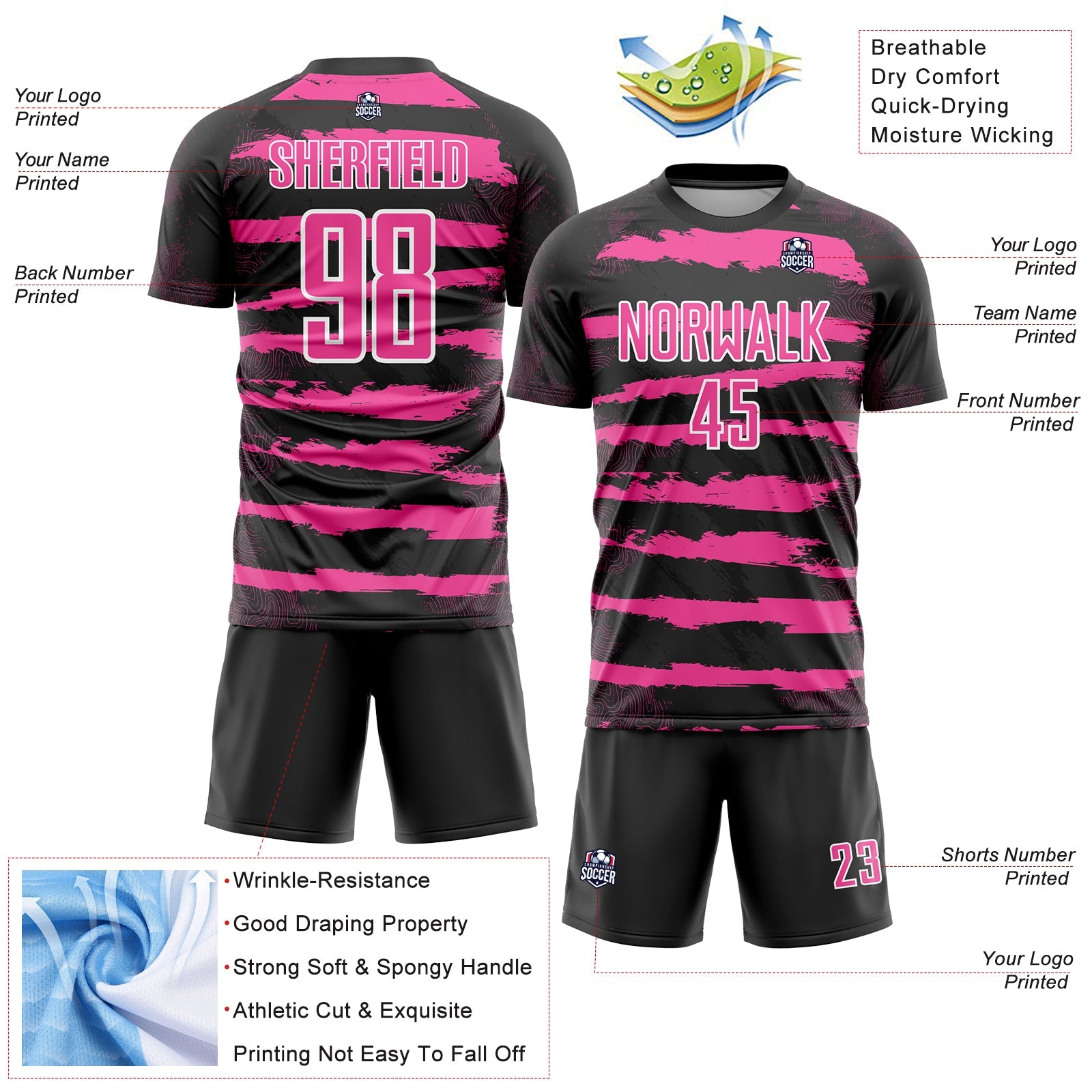 Custom Black Pink-White Sublimation Soccer Uniform Jersey view 4