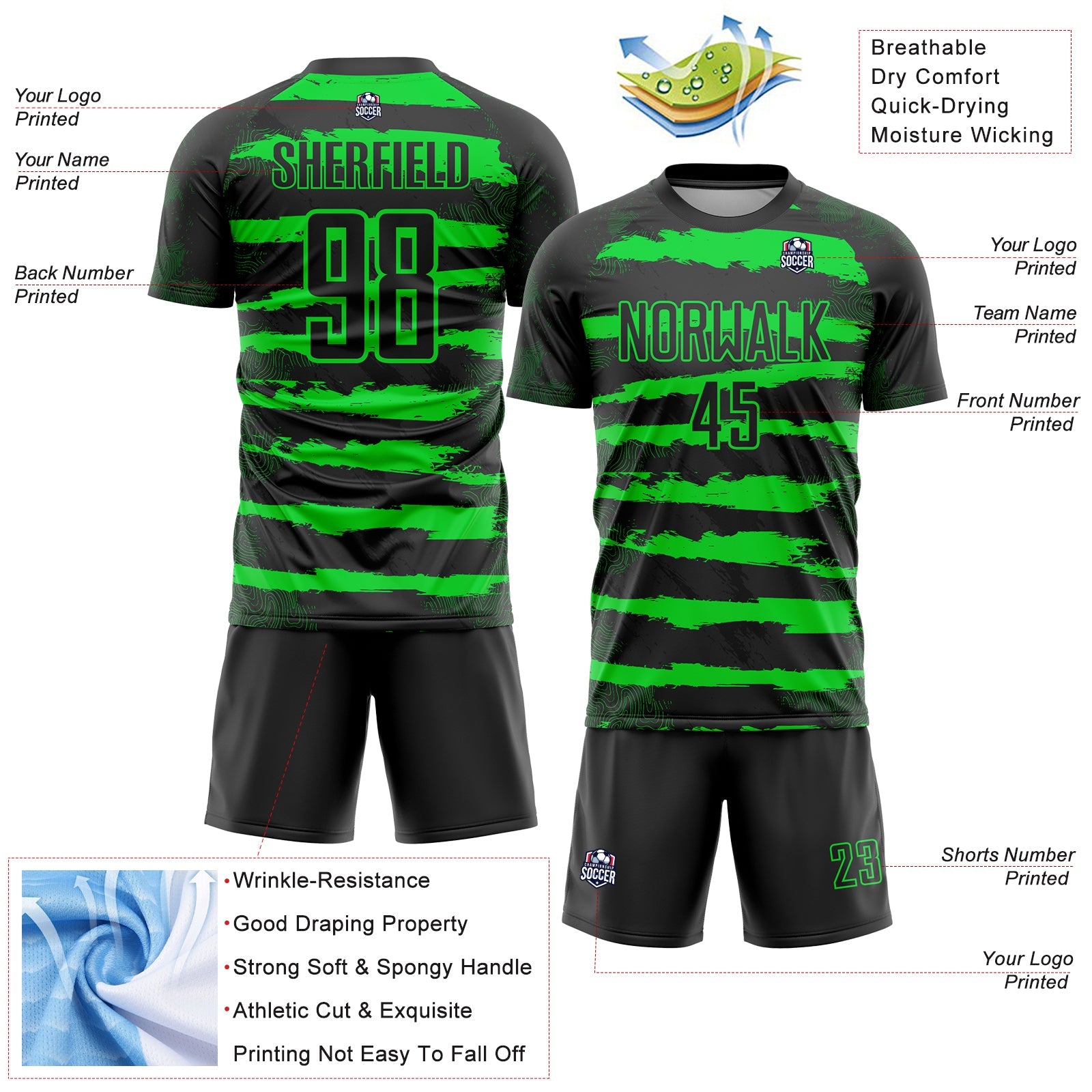 Custom Black Neon Green Sublimation Soccer Uniform Jersey view 4