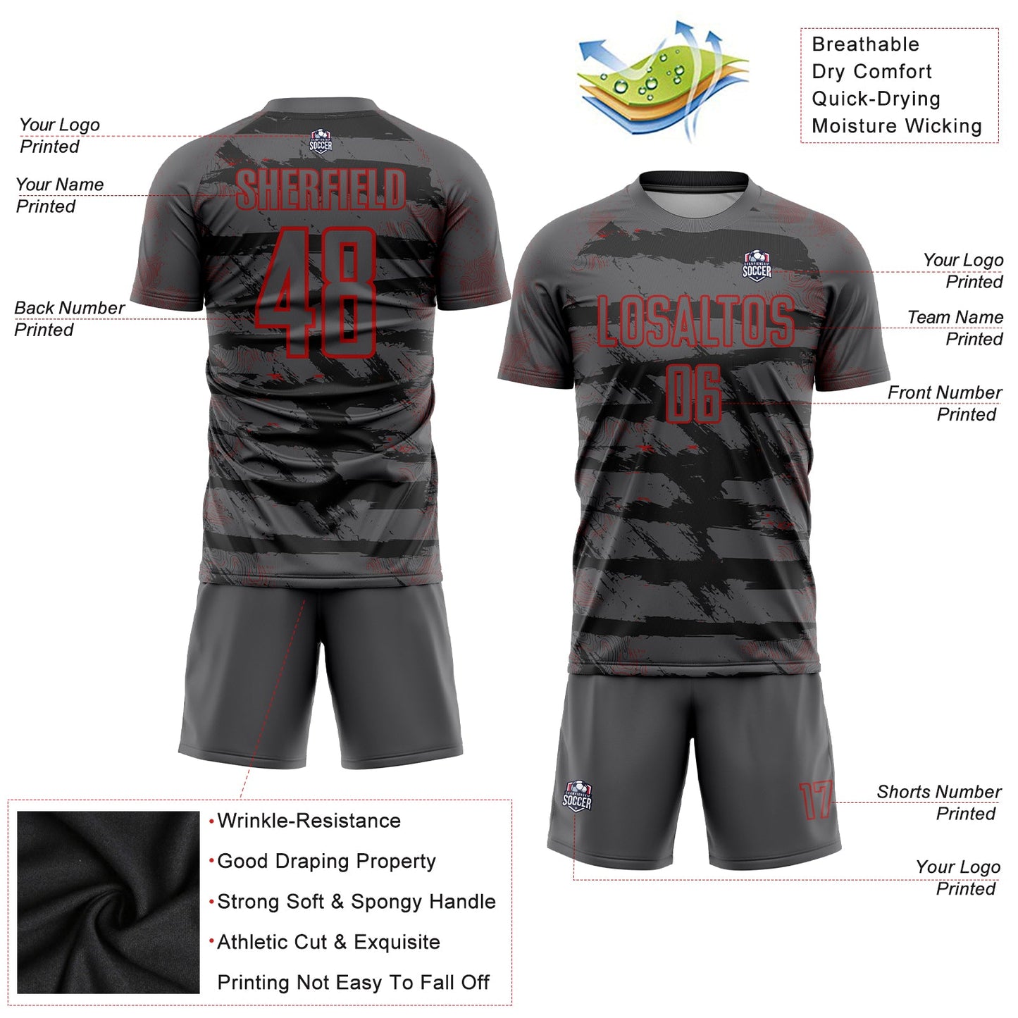 Custom Steel Gray Red Sublimation Soccer Uniform Jersey view 4