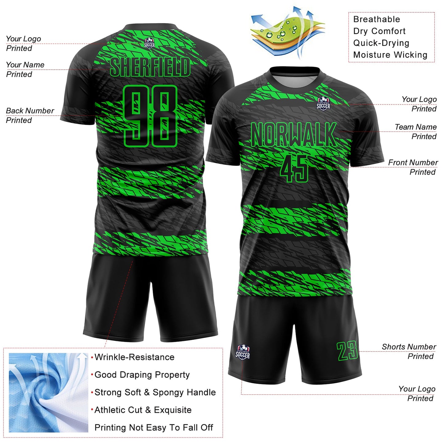 Custom Black Neon Green Sublimation Soccer Uniform Jersey view 4