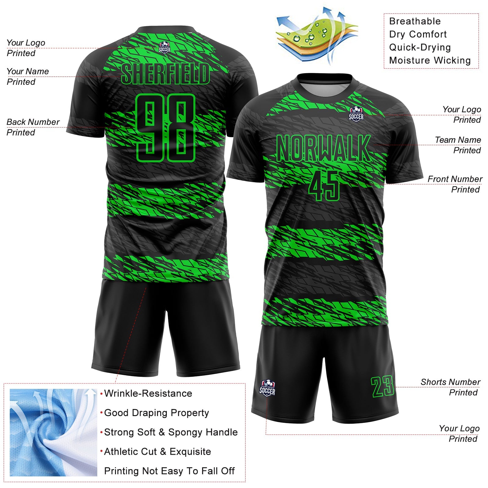 Custom Black Neon Green Sublimation Soccer Uniform Jersey view 4
