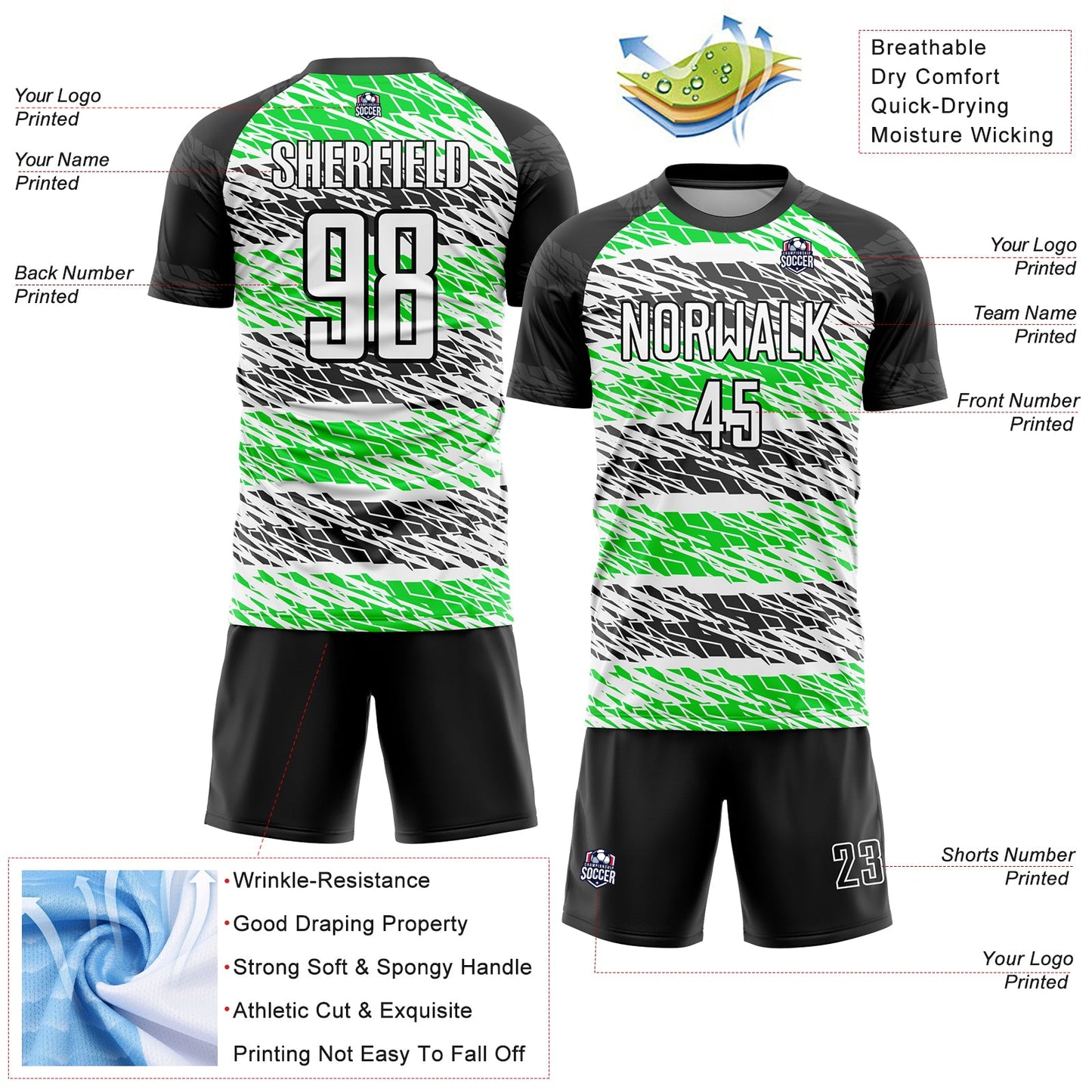 Custom Black White-Neon Green Sublimation Soccer Uniform Jersey view 4