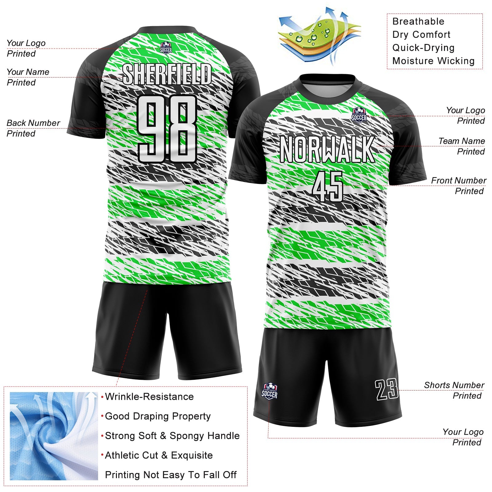 Custom Black White-Neon Green Sublimation Soccer Uniform Jersey view 4