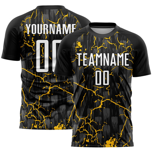Custom Black White-Yellow Lightning Sublimation Soccer Uniform Jersey - Main View