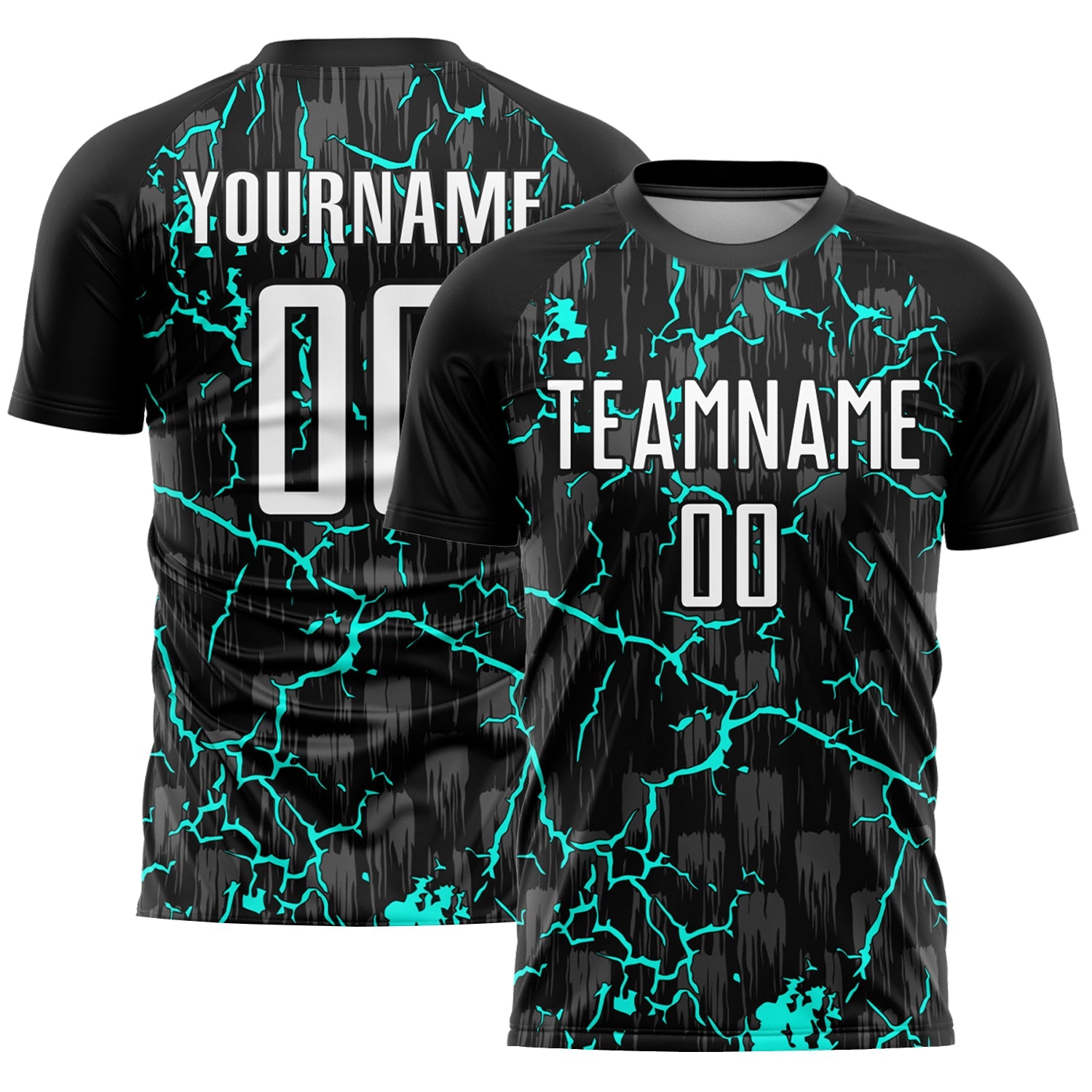 Custom Black White-Aqua Lightning Sublimation Soccer Uniform Jersey - Main View