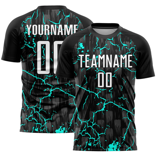 Custom Black White-Aqua Lightning Sublimation Soccer Uniform Jersey - Main View