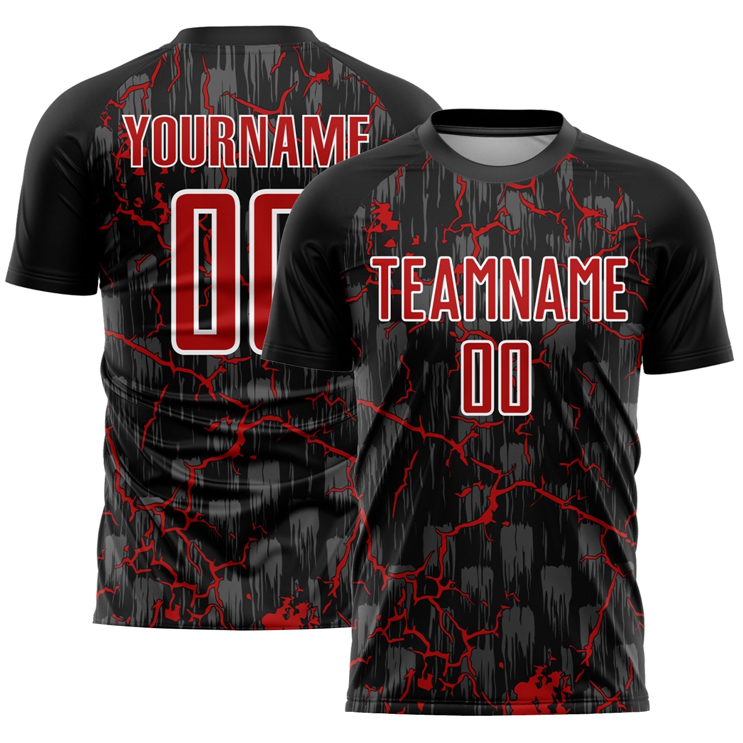 Custom Black Red-White Lightning Sublimation Soccer Uniform Jersey - Main View