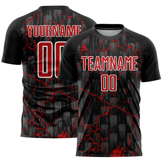 Custom Black Red-White Lightning Sublimation Soccer Uniform Jersey - Main View