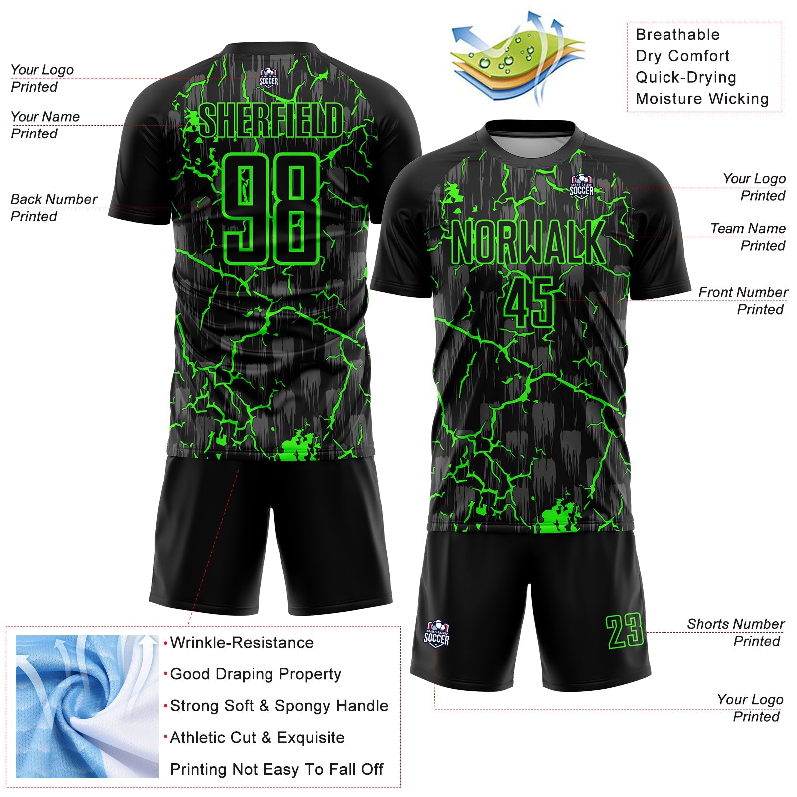Custom Black Neon Green Lightning Sublimation Soccer Uniform Jersey view 4