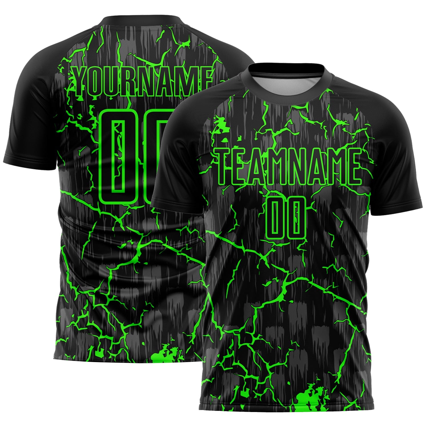 Custom Black Neon Green Lightning Sublimation Soccer Uniform Jersey - Main View