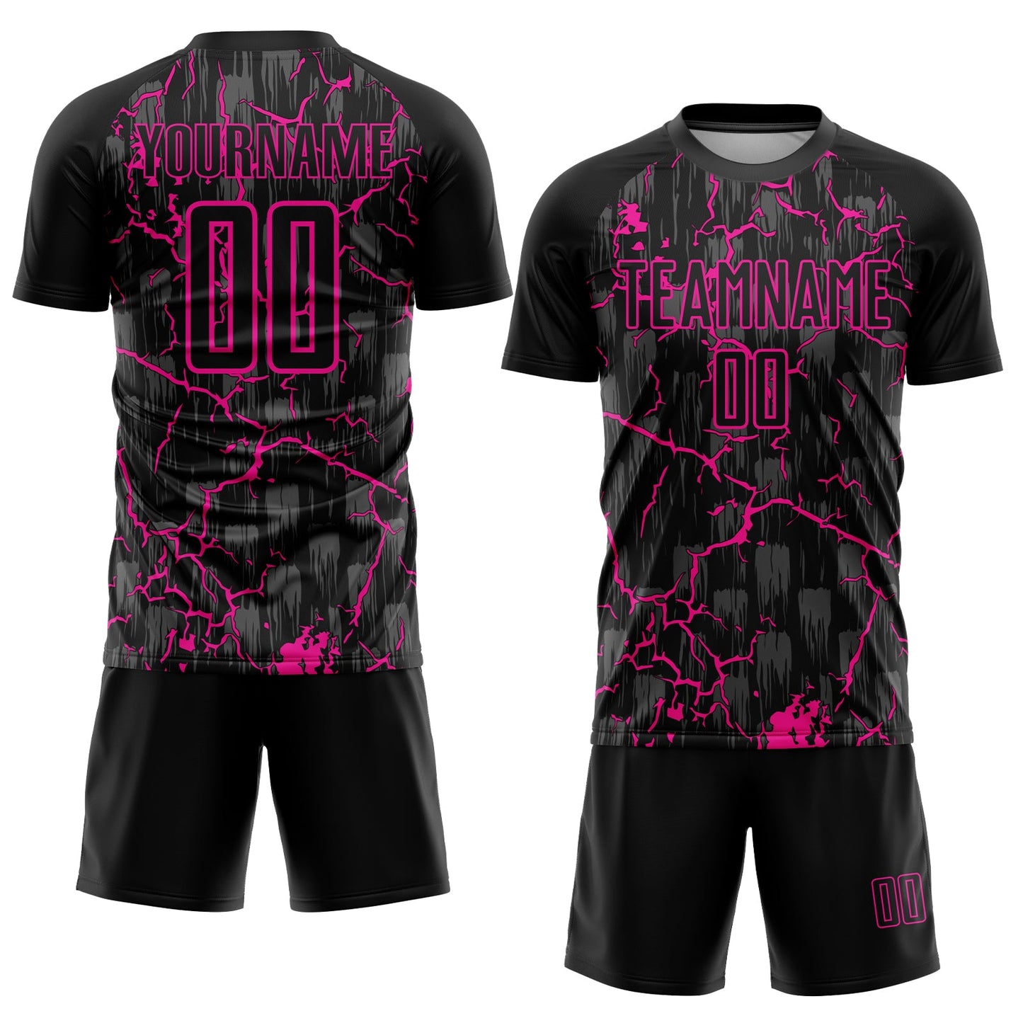 Custom Black Deep Pink Lightning Sublimation Soccer Uniform Jersey view 2