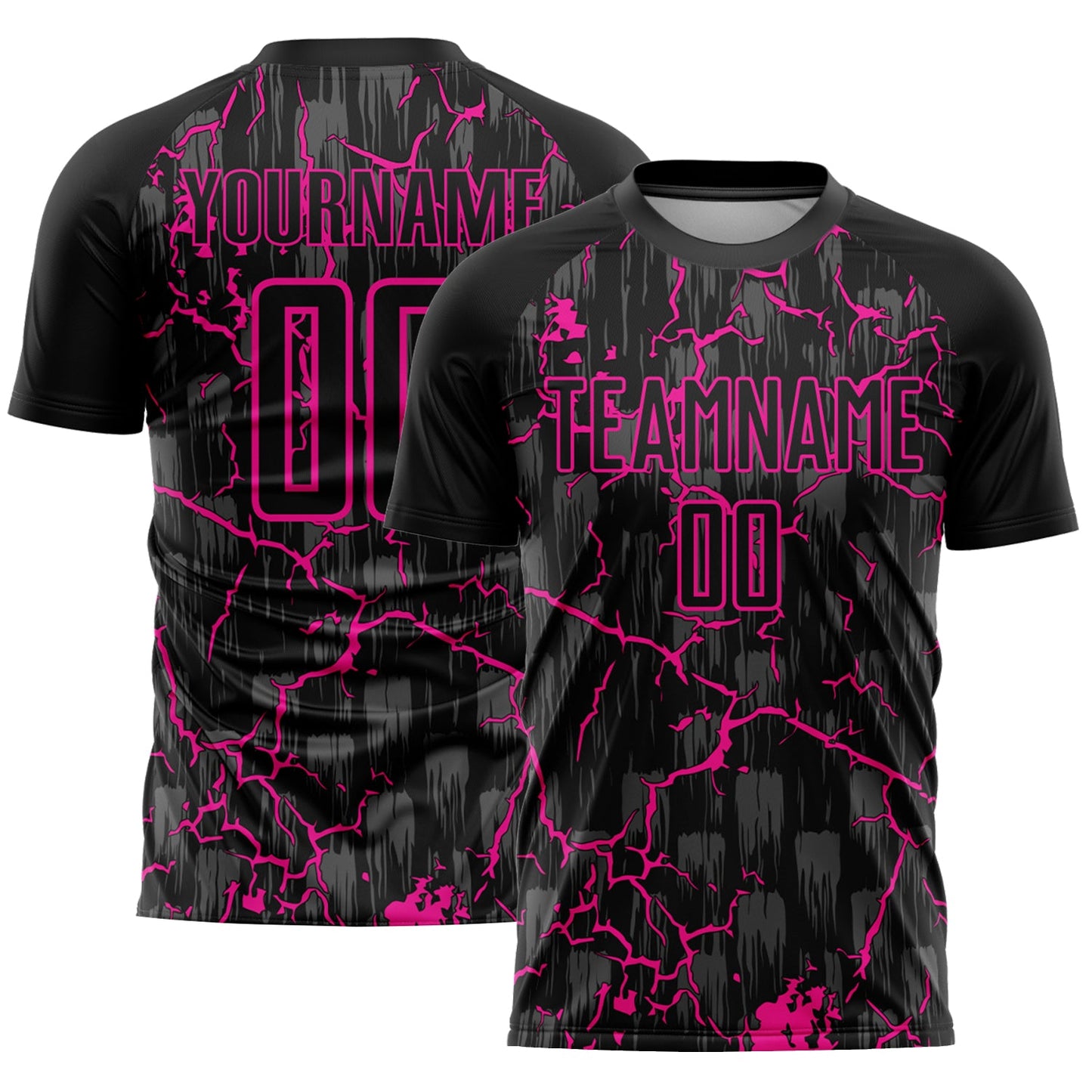 Custom Black Deep Pink Lightning Sublimation Soccer Uniform Jersey - Main View
