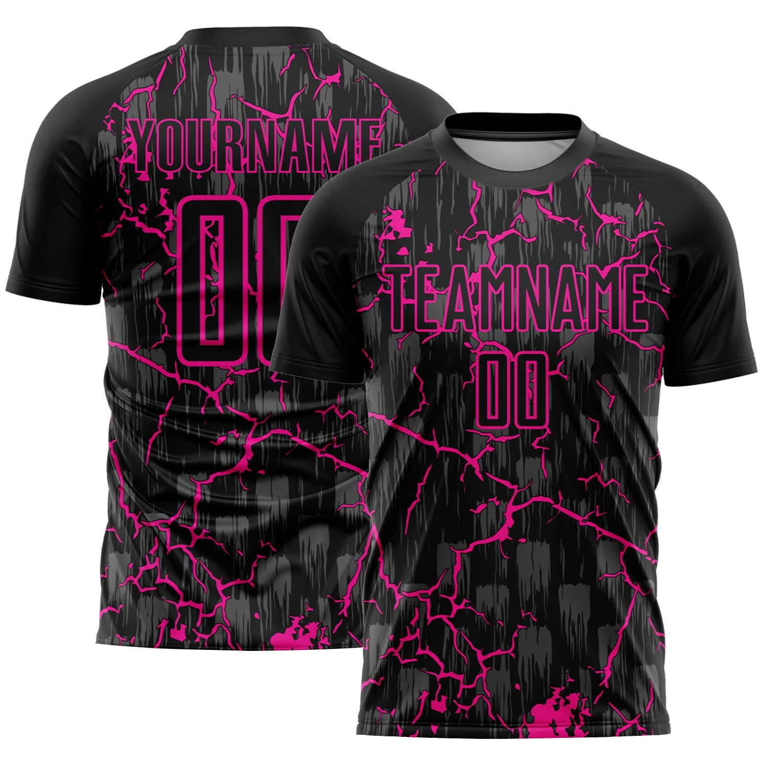Custom Black Deep Pink Lightning Sublimation Soccer Uniform Jersey - Main View