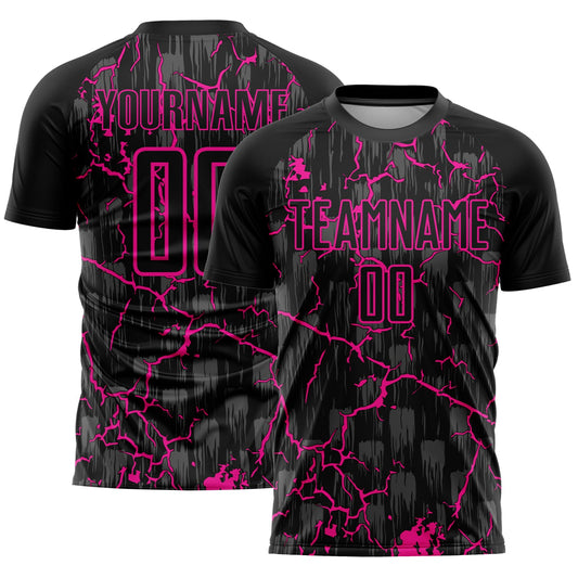 Custom Black Deep Pink Lightning Sublimation Soccer Uniform Jersey - Main View