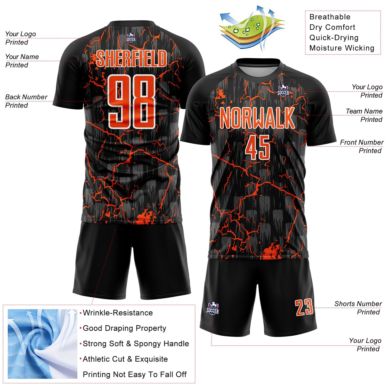 Custom Black Orange-White Pink Lightning Sublimation Soccer Uniform Jersey view 4