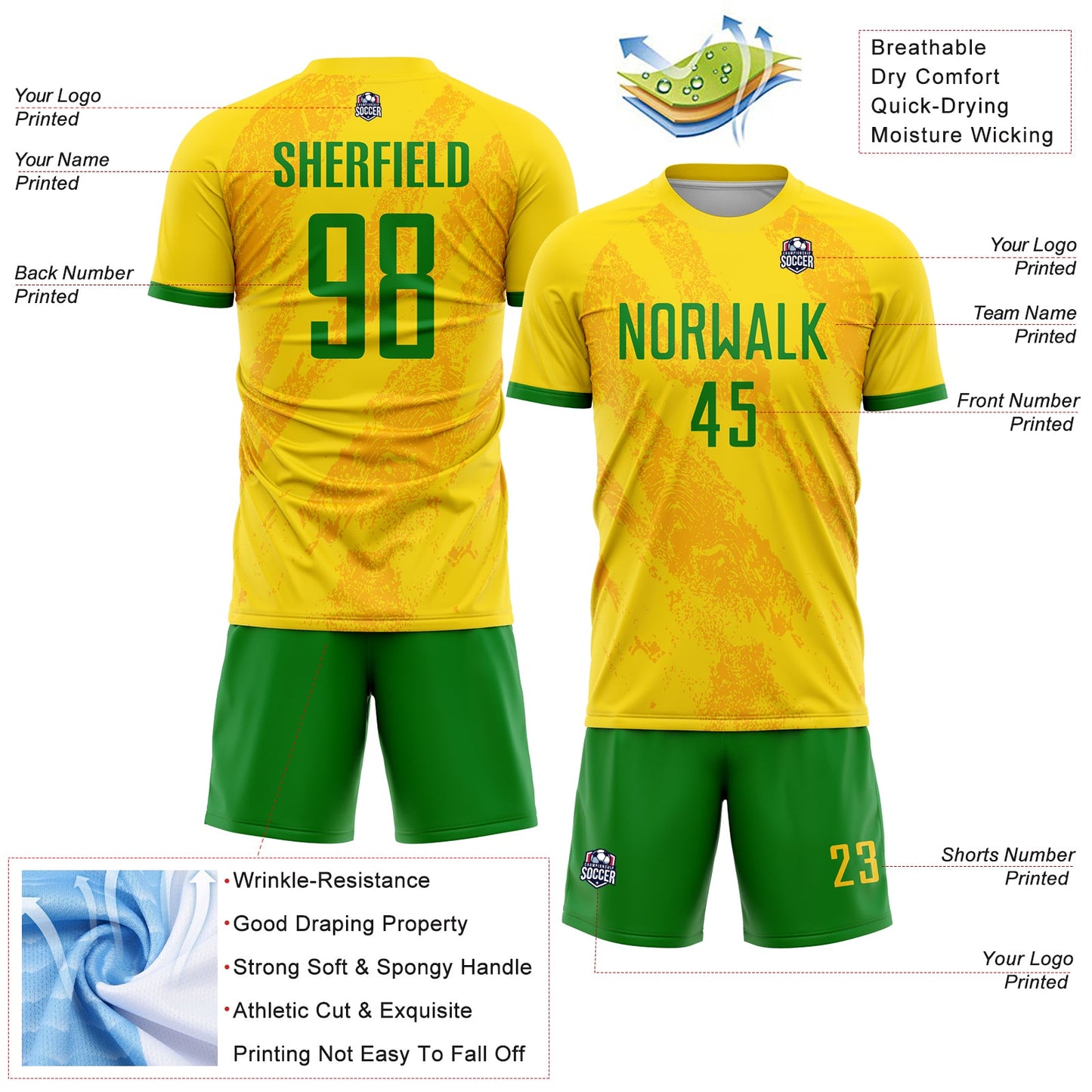 Custom Gold Grass Green Sublimation Soccer Uniform Jersey view 4