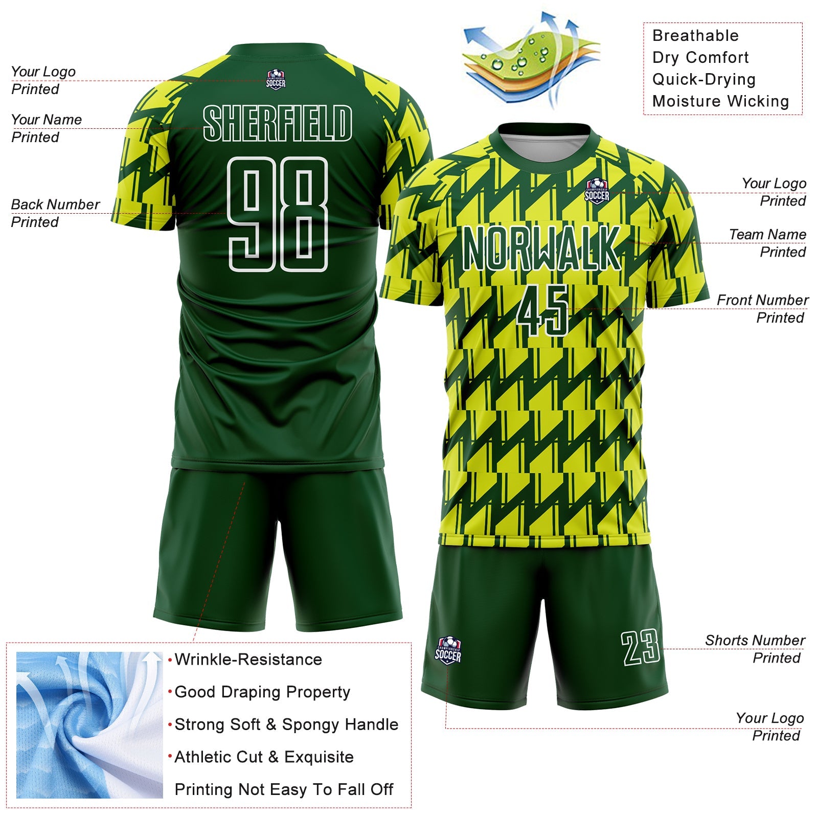 Custom Green Neon Yellow-White Sublimation Soccer Uniform Jersey view 4