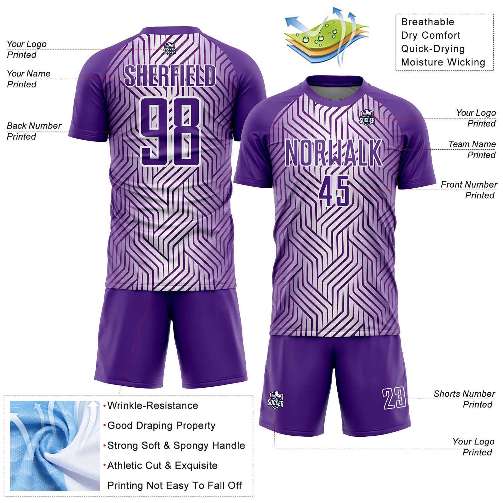Custom Purple White Lines Sublimation Soccer Uniform Jersey view 4