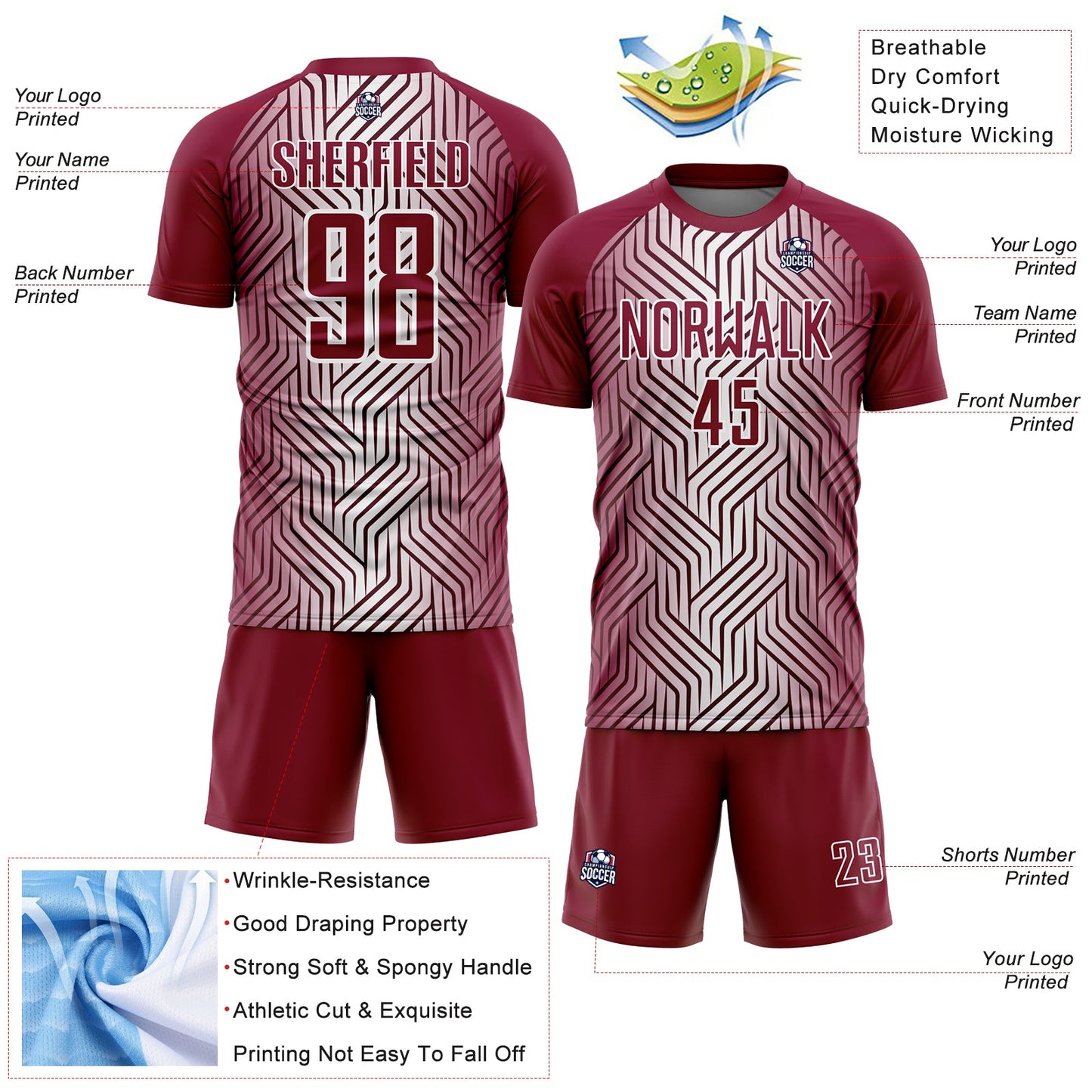 Custom Maroon White Lines Sublimation Soccer Uniform Jersey view 4