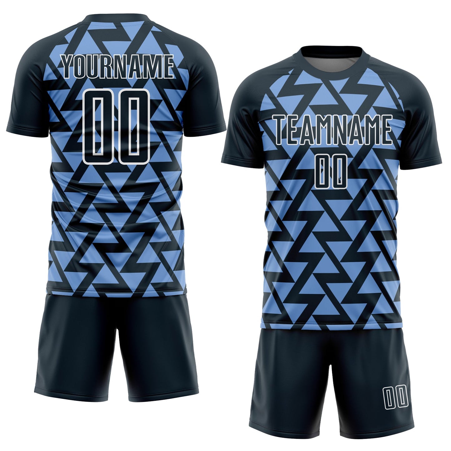 Custom Navy Light Blue-White Abstract Geometric Triangles Sublimation Soccer Uniform Jersey view 2