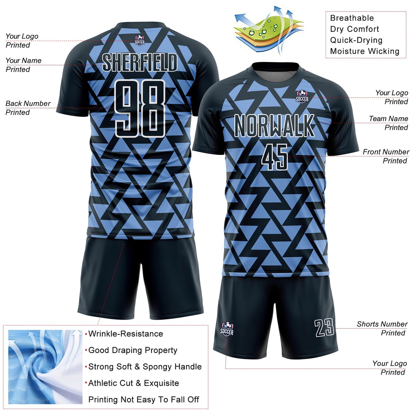 Custom Navy Light Blue-White Abstract Geometric Triangles Sublimation Soccer Uniform Jersey view 4