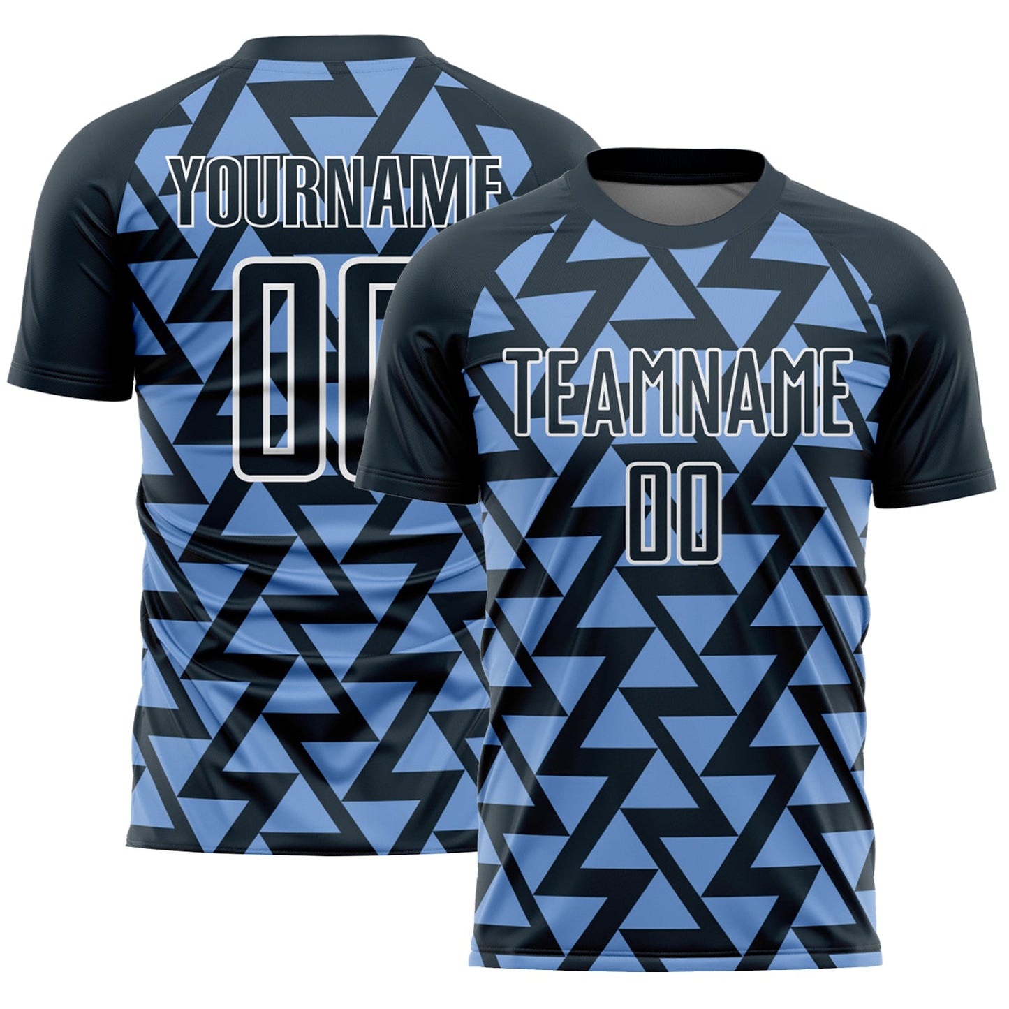 Custom Navy Light Blue-White Abstract Geometric Triangles Sublimation Soccer Uniform Jersey - Main View