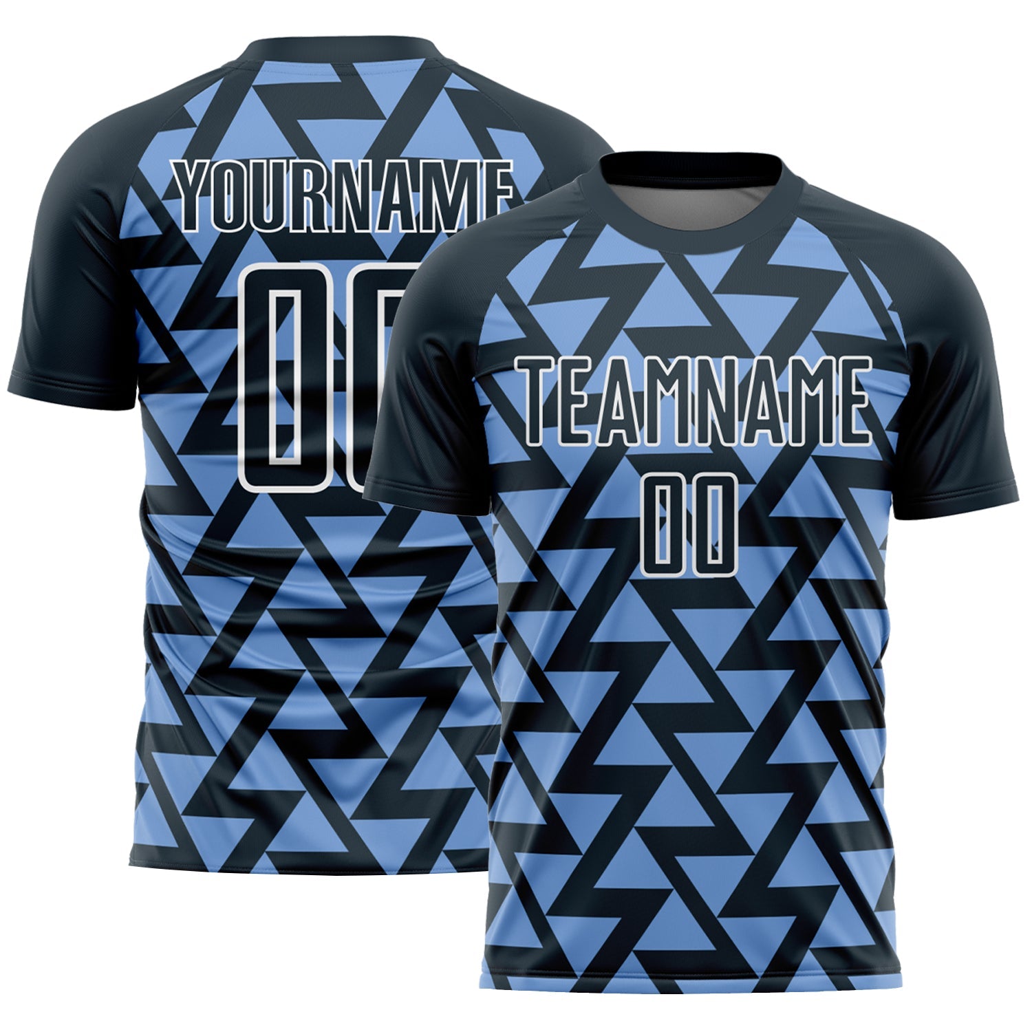 Custom Navy Light Blue-White Abstract Geometric Triangles Sublimation Soccer Uniform Jersey - Main View