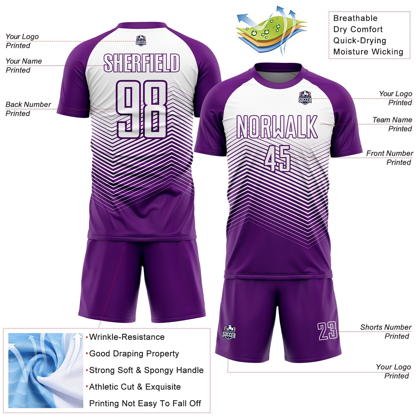 Custom Purple White Abstract Geometric Triangles Sublimation Soccer Uniform Jersey view 4