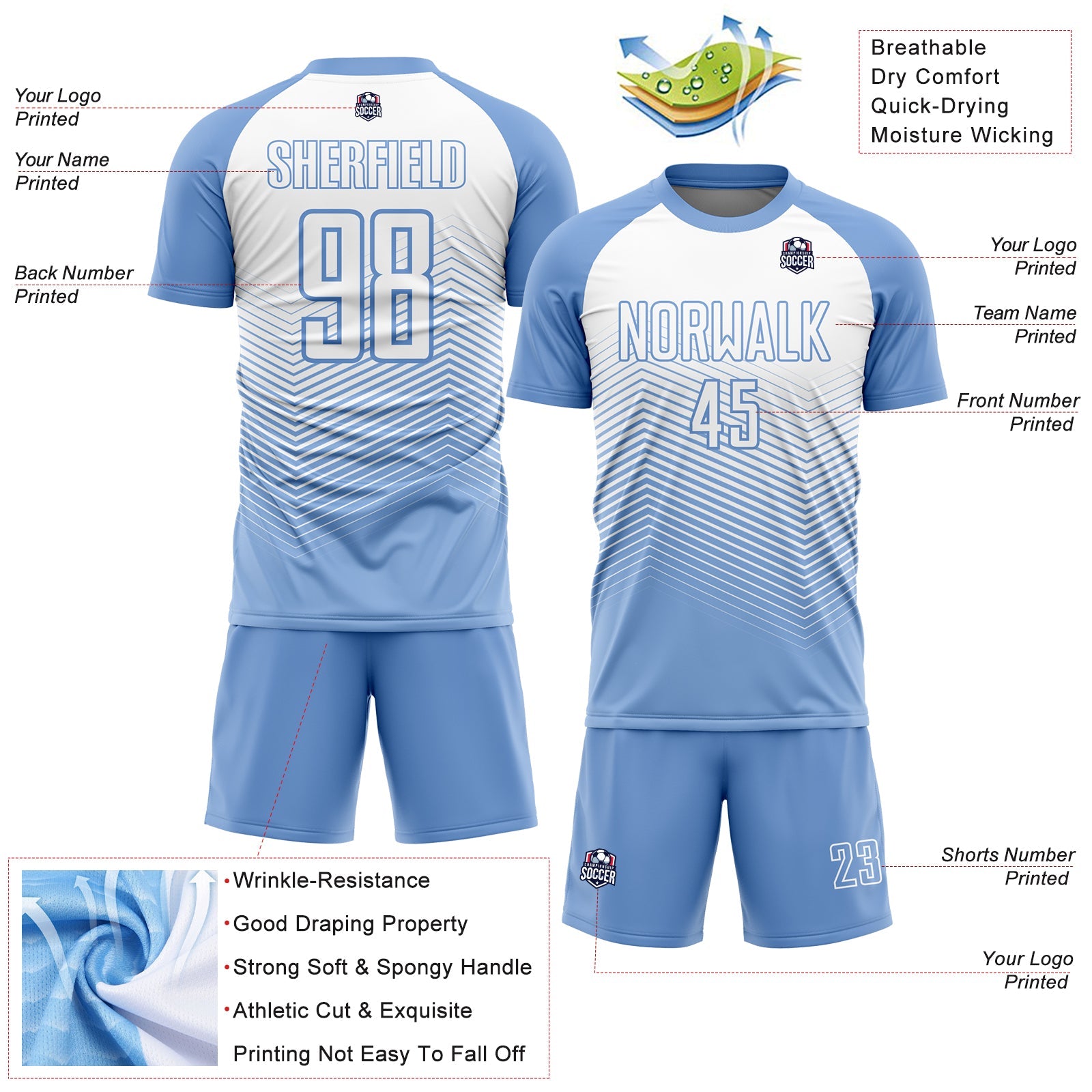 Custom Light Blue White Lines Sublimation Soccer Uniform Jersey view 4