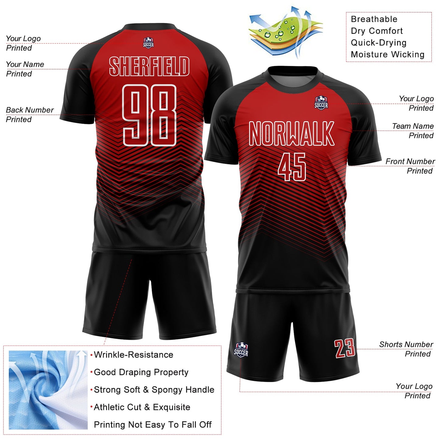 Custom Black Red-White Lines Sublimation Soccer Uniform Jersey view 4
