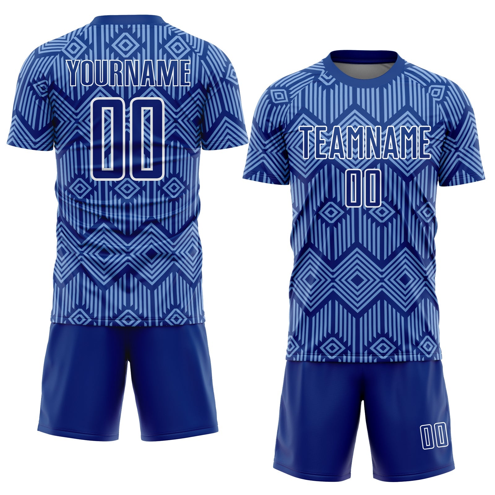 Custom Royal Light Blue-White Abstract Geometric Shapes Sublimation Soccer Uniform Jersey view 2
