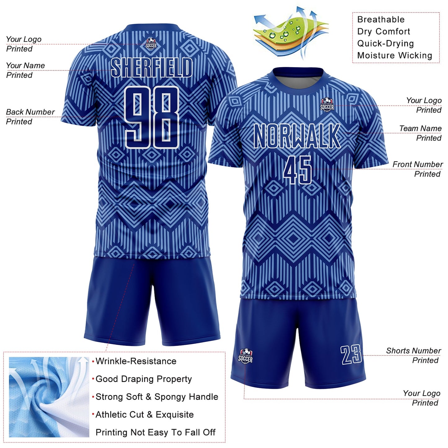 Custom Royal Light Blue-White Abstract Geometric Shapes Sublimation Soccer Uniform Jersey view 4