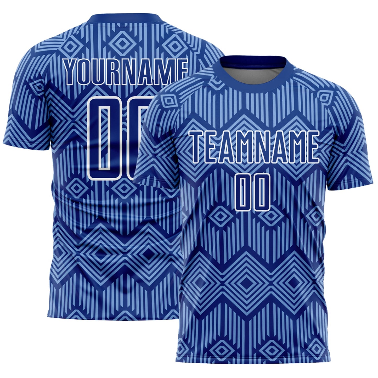 Custom Royal Light Blue-White Abstract Geometric Shapes Sublimation Soccer Uniform Jersey - Main View