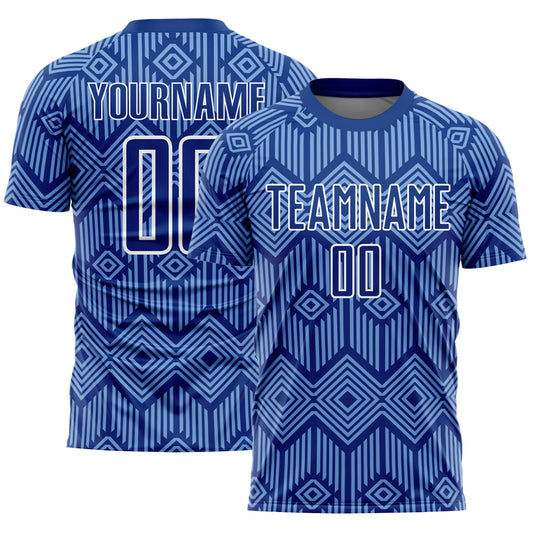 Custom Royal Light Blue-White Abstract Geometric Shapes Sublimation Soccer Uniform Jersey - Main View