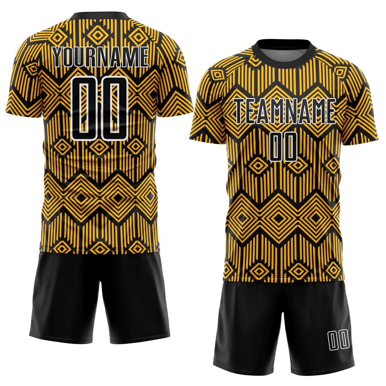 Custom Gold Black-White Abstract Geometric Shapes Sublimation Soccer Uniform Jersey view 2