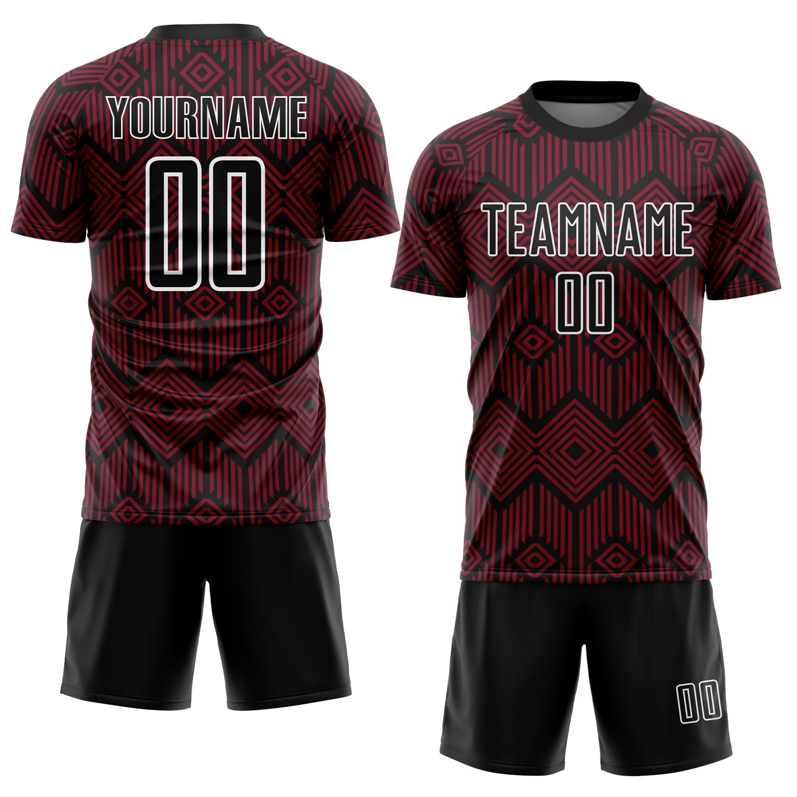 Custom Crimson Black-White Abstract Geometric Shapes Sublimation Soccer Uniform Jersey view 2
