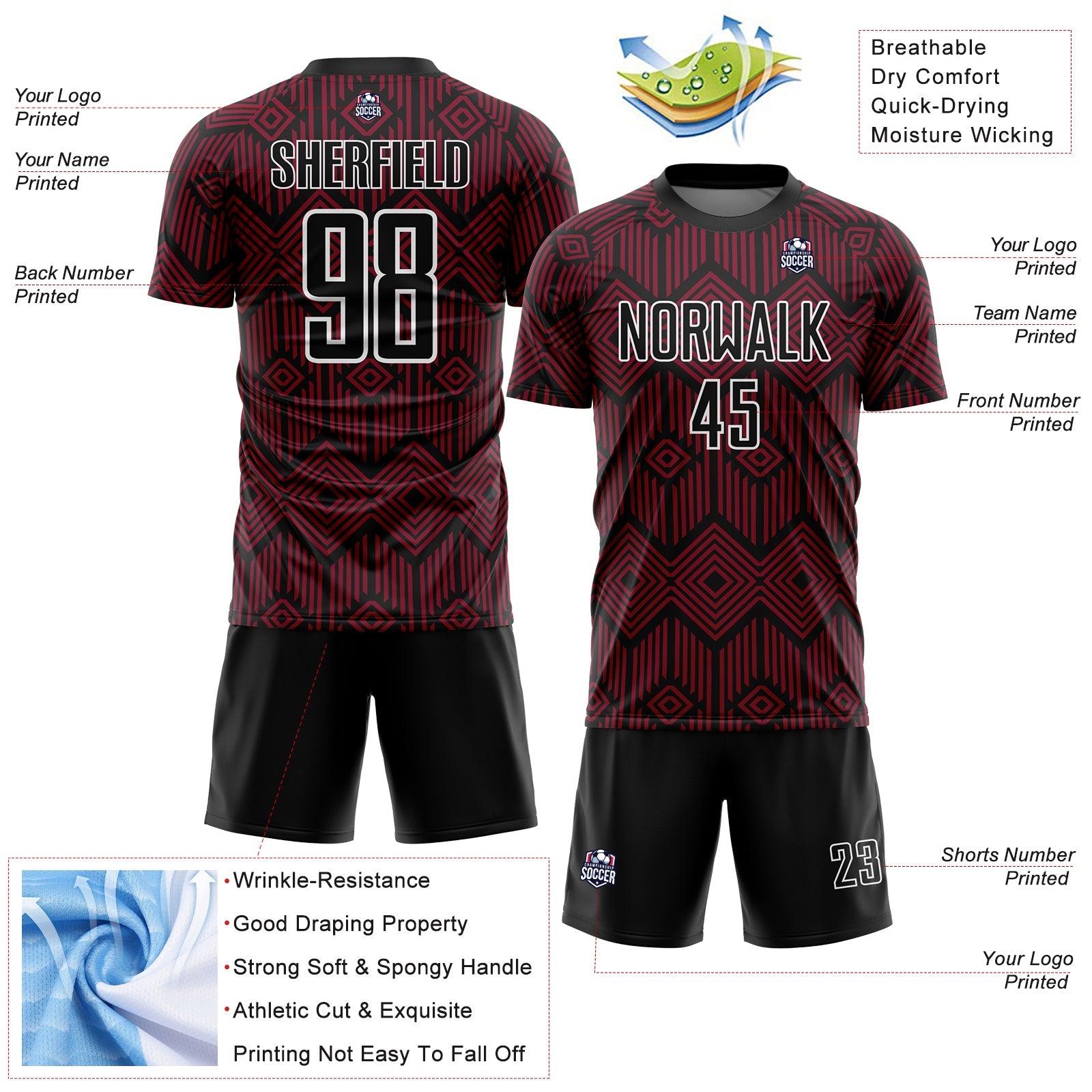 Custom Crimson Black-White Abstract Geometric Shapes Sublimation Soccer Uniform Jersey view 4