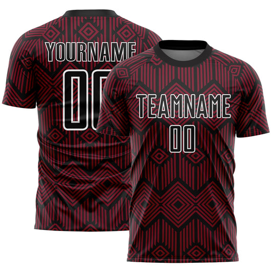 Custom Crimson Black-White Abstract Geometric Shapes Sublimation Soccer Uniform Jersey - Main View