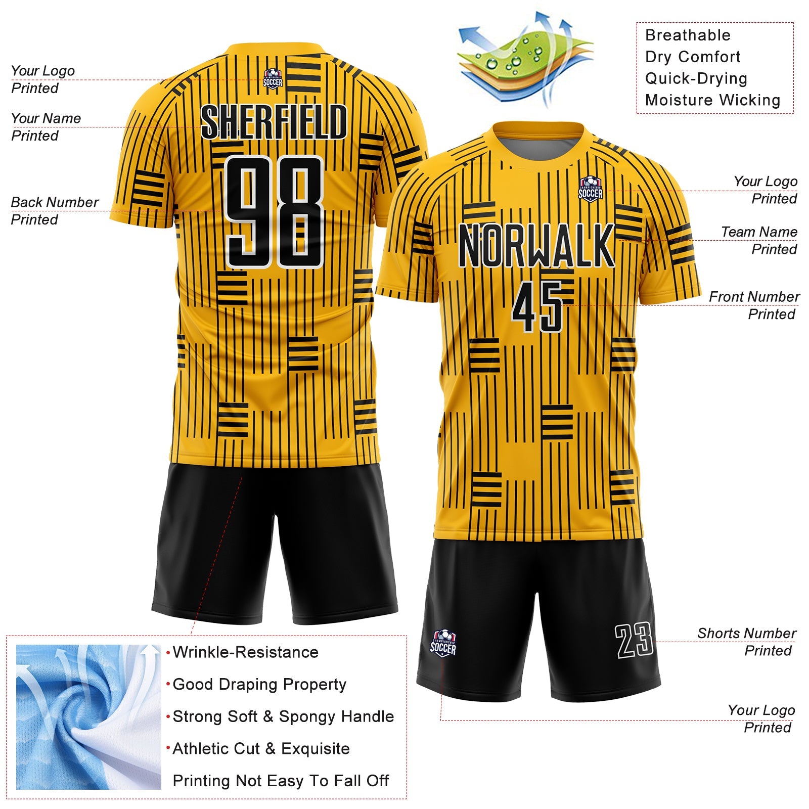 Custom Gold Black-White Lines Sublimation Soccer Uniform Jersey view 4