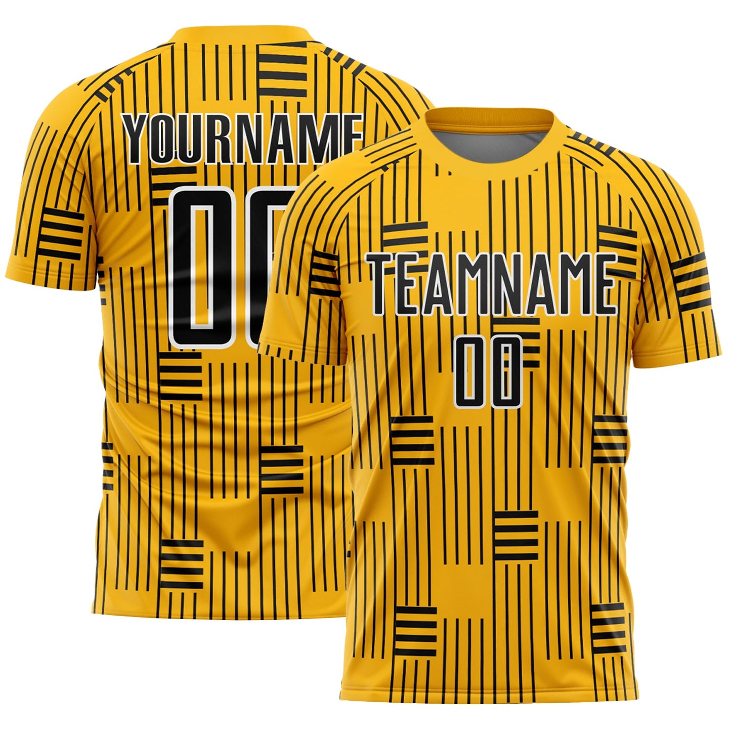 Custom Gold Black-White Lines Sublimation Soccer Uniform Jersey - Main View