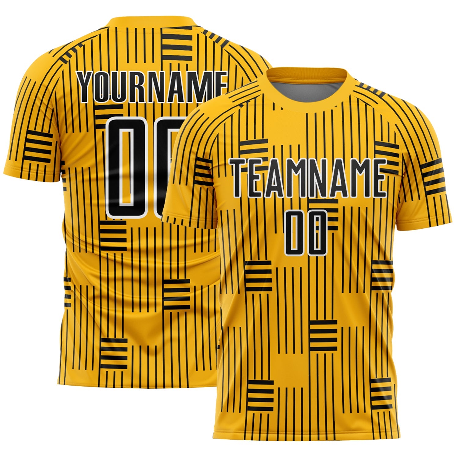 Custom Gold Black-White Lines Sublimation Soccer Uniform Jersey - Main View