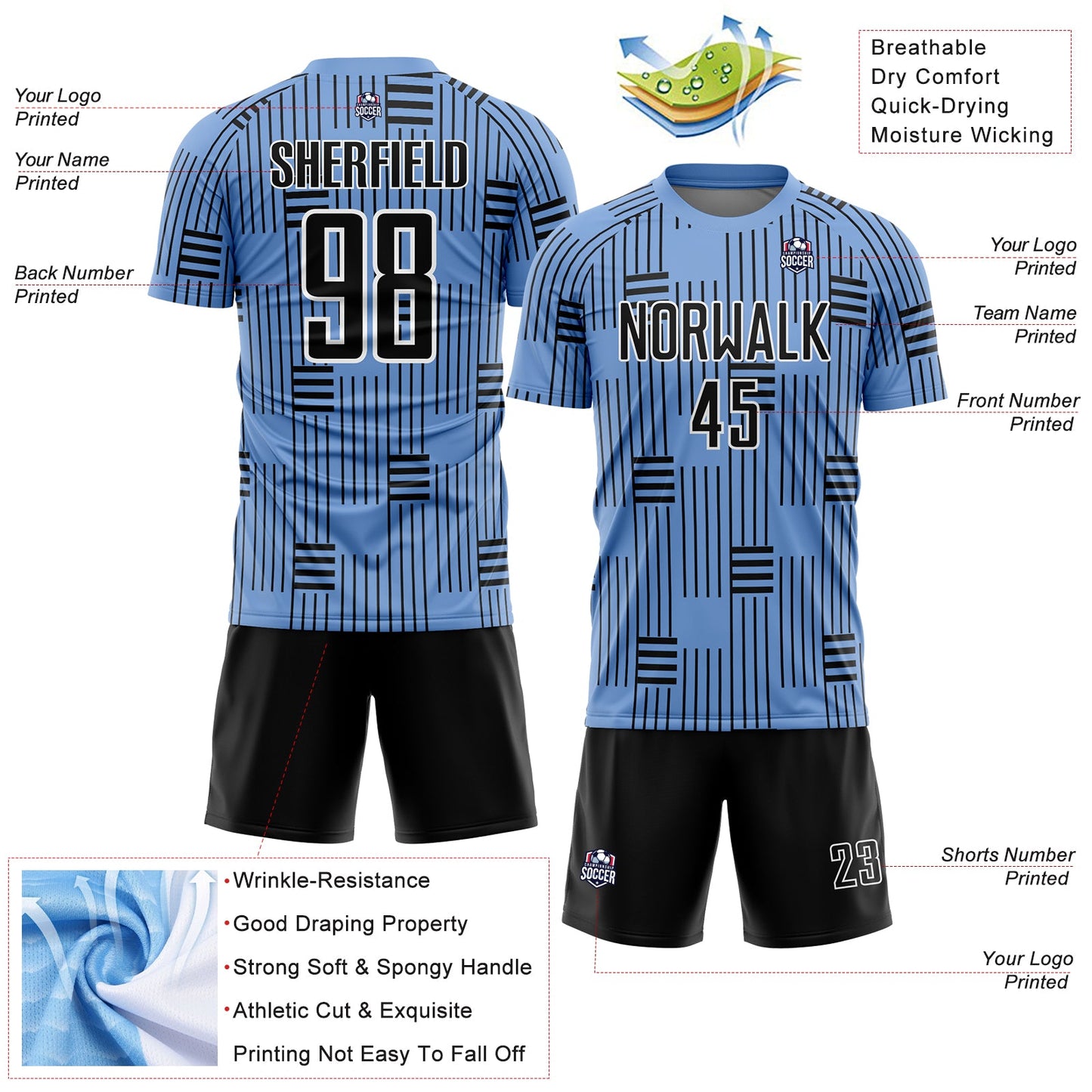 Custom Light Blue Black-White Lines Sublimation Soccer Uniform Jersey view 4