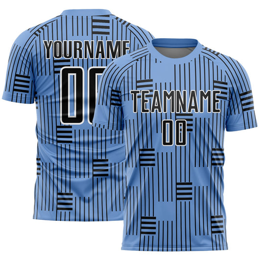 Custom Light Blue Black-White Lines Sublimation Soccer Uniform Jersey - Main View