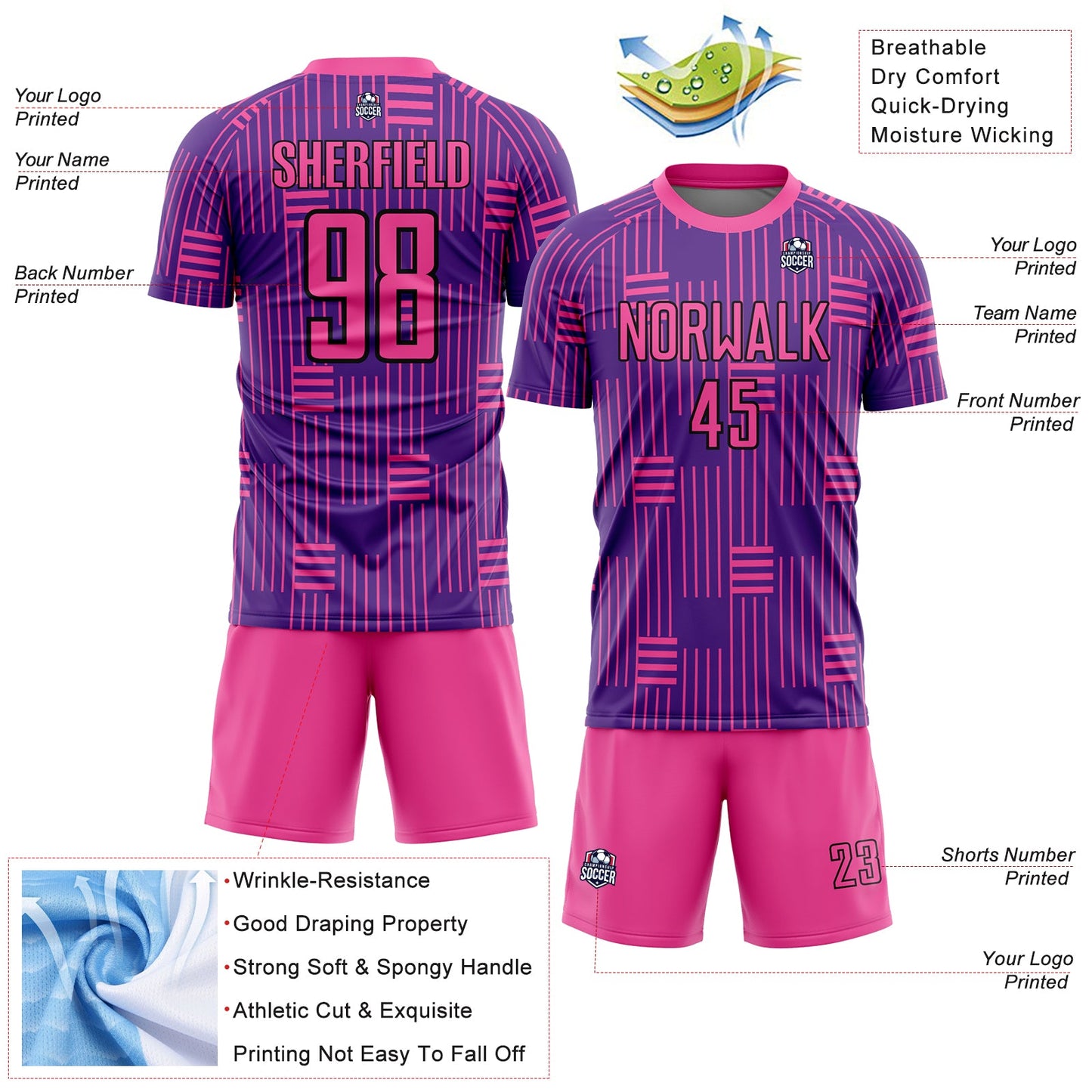 Custom Purple Pink-Black Lines Sublimation Soccer Uniform Jersey view 4