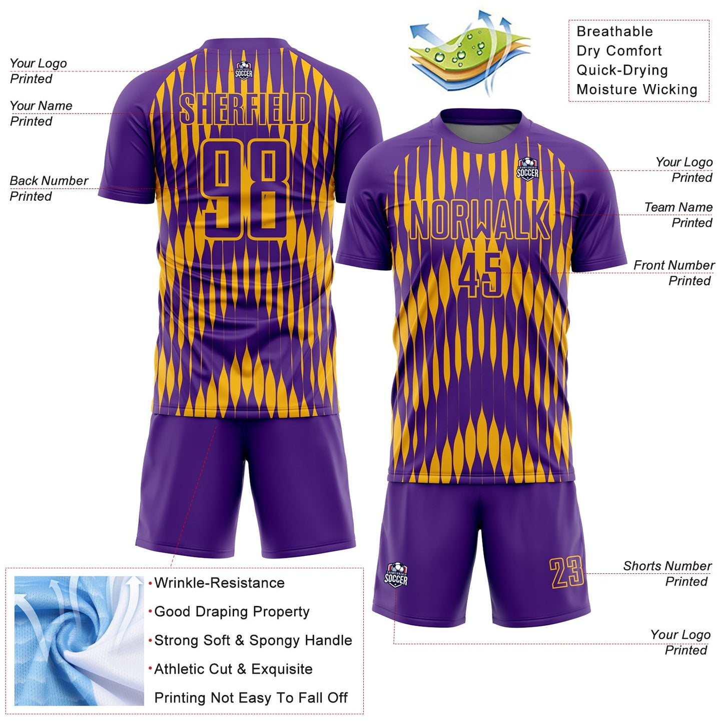 Custom Purple Gold Abstract Triangle Sublimation Soccer Uniform Jersey view 4