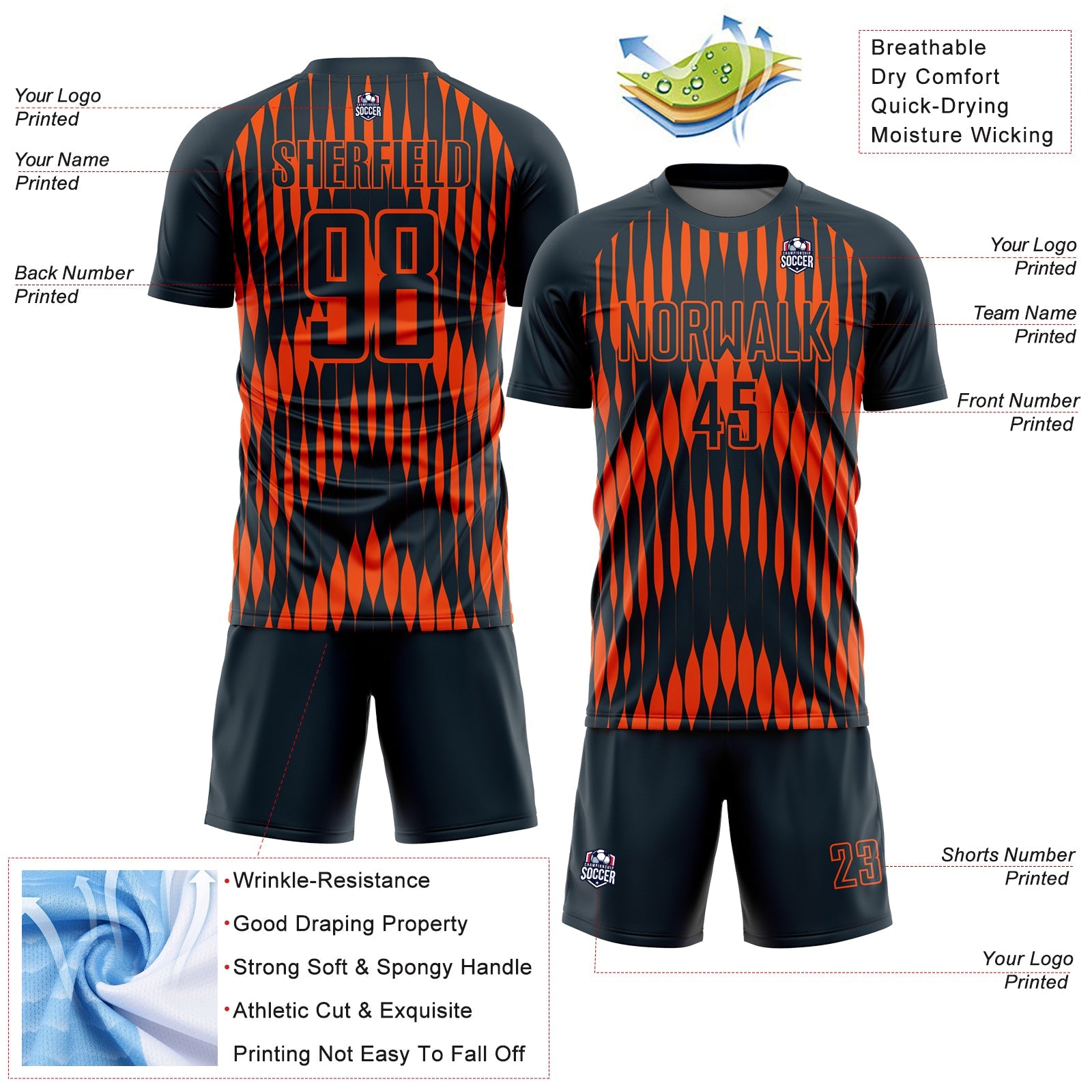 Custom Navy Orange Abstract Triangle Sublimation Soccer Uniform Jersey view 4