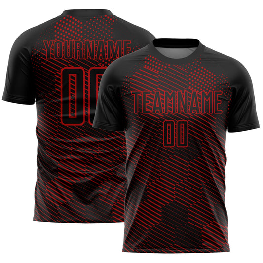 Custom Black Red Abstract Hexagon Sublimation Soccer Uniform Jersey - Main View