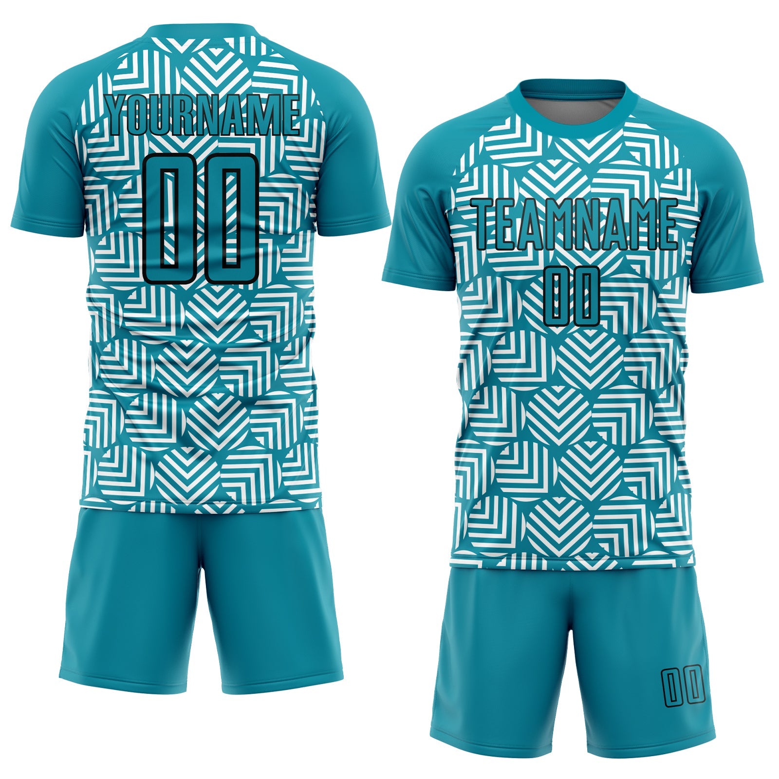 Custom Teal Black Abstract Geometric Shapes Sublimation Soccer Uniform Jersey view 2